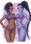  2girls asymmetrical_hair bikini cowboy_shot hand_on_another&#039;s_shoulder hand_on_hip highres mole mole_under_eye multiple_girls nail_polish overwatch sombra_(overwatch) swimsuit umigraphics widowmaker_(overwatch) 