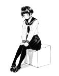  1girl bangs blunt_bangs blush closed_mouth greyscale hands_on_own_knees loafers looking_at_viewer monochrome neckerchief original pantyhose pigeon-toed pleated_skirt school_uniform serafuku shoes short_hair sidelocks simple_background sitting skirt solo tsukino_wagamo 