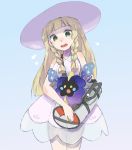  1girl bag bangs bare_arms bare_shoulders blonde_hair blue_background blunt_bangs braid breasts collared_dress cosmog cowboy_shot dress duffel_bag flying_sweatdrops frown gradient gradient_background green_eyes handbag hat highres kokko3 legendary_pokemon lillie_(pokemon) long_hair looking_at_another looking_down medium_breasts open_mouth poke_ball_theme pokemon pokemon_(creature) pokemon_(game) pokemon_sm see-through sleeveless sleeveless_dress sparkle standing strap sun_hat sundress teeth twin_braids white_dress white_hat 