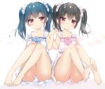  2girls alternate_hairstyle bare_legs barefoot black_hair blue_hair blush dress feet hand_holding long_hair love_live! love_live!_school_idol_project love_live!_sunshine!! micopp multiple_girls red_eyes scrunchie side-by-side toes tsushima_yoshiko twintails twintails_day yazawa_nico 