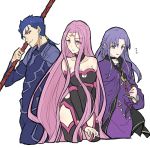  1boy 2girls bare_shoulders blue_eyes blue_hair blush breasts caster cleavage dress fate/extella fate/extra fate/grand_order fate/stay_night fate_(series) gae_bolg highres lancer large_breasts long_hair looking_at_viewer multiple_girls nari open_mouth pointy_ears purple_hair red_eyes rider rulebreaker short_hair simple_background smile violet_eyes white_background 