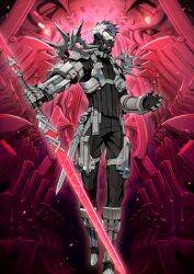  1boy arm_armor armored_boots black_hair black_mask black_pants black_shirt blue_eyes boots chest_harness covered_mouth fate/grand_order fate_(series) foot_out_of_frame gauntlets glasses glowing glowing_sword glowing_weapon gram_(fate) hands_up harness holding holding_sword holding_weapon long_sleeves looking_at_viewer male_focus mask medium_hair miwa_shirow mouth_mask multicolored_hair official_art pants red_background sheath shirt sigurd_(fate) solo spiky_hair sword third-party_source turtleneck two-tone_hair v-shaped_eyebrows variant_set weapon white_hair 