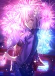  1girl alternate_costume backlighting blush breasts bridge closed_mouth cowboy_shot fan fate/grand_order fate_(series) fireworks floral_print flower from_side hair_flower hair_ornament hair_over_one_eye japanese_clothes kimono lavender_eyes lavender_hair looking_at_viewer looking_to_the_side night obi official_style paper_fan sash shielder_(fate/grand_order) shinooji short_hair smile solo uchiwa wide_sleeves yukata 