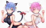  1girl 2girls :3 animal_ears aran_sweater ass backless_outfit bangs bare_shoulders bell black_dress black_sweater blue_eyes blue_hair blunt_bangs bow breasts cat_ears cat_tail closed_mouth collarbone dress hair_bell hair_ornament hair_over_one_eye hair_ribbon halterneck hand_up highres jingle_bell kemonomimi_mode large_breasts looking_at_viewer medium_breasts multiple_girls naked_sweater no_bra no_panties no_underwear open-back_dress paw_pose pink_eyes pink_hair pink_lips ram_(re:zero) re:zero_kara_hajimeru_isekai_seikatsu red_bow red_ribbon rem_(re:zero) ribbed_sweater ribbon short_hair siblings sideboob simple_background sisters slass sleeveless sleeveless_turtleneck smile solo sweater sweater_dress tail tail_bow turtleneck turtleneck_sweater twins virgin_killer_sweater white_background white_dress white_sweater x_hair_ornament 