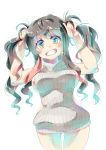  1girl :d alternate_hairstyle aqua_eyes aran_sweater backless_outfit bangs bare_shoulders blue_eyes breasts bunching_hair cowboy_shot dress eyebrows_visible_through_hair fingernails gradient_eyes grey_dress grey_sweater grin halterneck hands_in_hair hands_up highres imu_sanjo kantai_collection large_breasts long_hair looking_at_viewer multicolored multicolored_eyes naganami_(kantai_collection) naked_sweater no_bra open-back_dress open_mouth ribbed_sweater sideboob simple_background sleeveless sleeveless_turtleneck smile solo sweater sweater_dress teeth thigh_gap turtleneck turtleneck_sweater twintails virgin_killer_sweater white_background yellow_eyes 