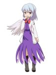  1girl blush boots bow bowtie cato_(monocatienus) covering_mouth dress full_body half_updo jacket kishin_sagume looking_at_viewer red_eyes short_hair silver_hair single_wing solo standing touhou wings 