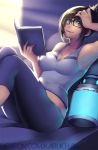  1girl anna_lee armpits bangs bare_shoulders black-framed_eyewear book breasts brown_eyes brown_hair canister cleavage closed_mouth collarbone drone fingernails hair_bun hand_on_own_head hand_up holding holding_book indoors knees_up leggings looking_at_viewer medium_breasts mei_(overwatch) nose on_bed overwatch pants patreon_username pillow robot short_hair sidelocks signature sitting sitting_on_bed sleeveless smile snowball_(overwatch) solo swept_bangs tank_top yoga_pants 