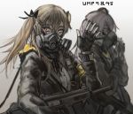  2girls brown_eyes brown_hair character_name f_and_d fingerless_gloves gas_mask girls_frontline gloves gun h&amp;k_ump hair_ornament hairclip hood hoodie jacket long_hair looking_at_viewer multiple_girls scar scar_across_eye siblings side_ponytail sisters sling submachine_gun suppressor twintails ump45_(girls_frontline) ump9_(girls_frontline) waving weapon 