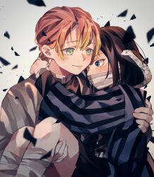  1boy 1girl absurdres amo_(amo_0514) bandage_on_face bandaged_leg bandages black_hair black_haori black_shorts blonde_hair blue_eyes blurry blurry_foreground blush braid braided_ponytail carrying carrying_person closed_mouth commentary_request covered_mouth debris demon_slayer_uniform double-parted_bangs gradient_hair green_eyes grey_haori hand_on_another&#039;s_shoulder hand_up haori hetero heterochromia highres iguro_obanai japanese_clothes kaburamaru kanroji_mitsuri kimetsu_no_yaiba long_hair long_sleeves looking_at_another mandarin_collar medium_hair multicolored_hair orange_eyes pink_hair princess_carry shorts smile snake striped_clothes vertical-striped_clothes white_background white_snake 