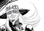  1boy adam&#039;s_apple araki_hirohiko_(style) cowboy_hat crosshatching facial_hair grin gyro_zeppeli hat highres jojo_no_kimyou_na_bouken keiimajima02 long_hair male_focus monochrome smile solo steel_ball_run upper_body 