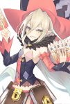  1girl blonde_hair book card cowboy_shot detached_sleeves fang feather_trim gi_(melmail) green_eyes grin hat highres lock long_hair looking_at_viewer magilou_(tales) pointy_ears simple_background smile solo tales_of_(series) tales_of_berseria white_background 