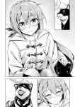  1girl akebono_(kantai_collection) blush closed_eyes coat comic dog flower greyscale hair_flower hair_ornament kantai_collection kotatsu_(kotatsu358) long_hair monochrome puppy smile snow solo 