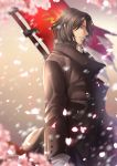  1boy bangs black_hair black_jacket brown_eyes cherry_blossoms closed_mouth drifters from_side highres hijikata_toshizou_(drifters) jacket long_sleeves looking_away male_focus mia_(gute-nacht-07) parted_bangs profile short_hair solo upper_body 