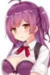  1girl ahoge bangs black_vest blush bra breasts brown_eyes chiune_(yachi) collared_shirt embarrassed eyebrows_visible_through_hair hagikaze_(kantai_collection) kantai_collection long_hair looking_at_viewer medium_breasts neck_ribbon open_clothes open_shirt parted_lips purple_bra purple_hair red_ribbon ribbon shirt short_sleeves side_ponytail simple_background solo underwear upper_body vest white_background white_shirt 