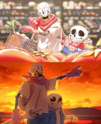 2023 2boys 2d 2koma alternate_costume artist_name backpack basket blue_jacket blue_pants blurry blurry_background brothers cloud comic depth_of_field digital_media duo gloves grin height_difference highres holding holding_basket holding_umbrella hollow_eyes hood hood_down hooded_jacket humanoid indoors jacket ketchup ketchup_bottle male male_focus monster monster_boy multiple_boys noah_(rokoroko) outdoors pants papyrus_(undertale) pointing pointing_forward red_gloves red_scarf sans_(undertale) scarf shirt shopping shopping_basket siblings silent_comic skeleton sky smile spring_onion sunset supermarket teeth twitter_username umbrella undead undertale vegetable white_shirt