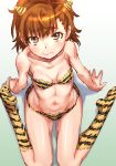  1girl alternate_costume animal_print arms_at_sides bangs bare_arms bare_shoulders breasts brown_eyes brown_hair cleavage collarbone cosplay eyebrows_visible_through_hair from_above horns kneehighs legs_apart looking_at_viewer looking_up lum lum_(cosplay) misaka_mikoto navel raika9 setsubun shadow short_hair sitting sketch small_breasts solo stomach strapless strapless_bikini tareme tiger_print to_aru_kagaku_no_railgun to_aru_majutsu_no_index urusei_yatsura wariza 