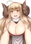  1girl :d ahoge anila_(granblue_fantasy) bent_over blonde_hair blush breasts cleavage detached_collar doraf eyebrows_visible_through_hair granblue_fantasy head_tilt highres horns large_breasts long_hair michihasu open_mouth simple_background smile solo thick_eyebrows white_background yellow_eyes 
