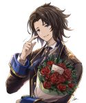  1boy black_hair bloom blue_eyes bouquet flower granblue_fantasy granblue_fantasy_(style) jacket lancelot_(granblue_fantasy) looking_at_viewer male_focus parted_lips presenting short_hair signature sketch smile solo tenyo0819 the_dragon_knights 