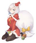  1girl alternate_costume black_legwear blue_eyes bow box capelet dress full_body fur_trim gi_(melmail) gift gift_bag gift_box hair_ornament hair_over_one_eye hairclip hamakaze_(kantai_collection) hand_on_lap hand_on_own_chest hat kantai_collection kneeling looking_at_viewer no_shoes pantyhose santa_costume santa_hat short_hair simple_background solo sweater sweater_dress wavy_mouth white_background white_hair 