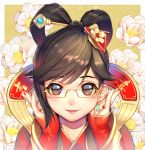  1girl alternate_costume bangs beads black_hair blush brown_eyes brown_hair camellia_(flower) chinese_clothes closed_mouth clothes_writing crescent crescent_earrings earrings eyebrows_visible_through_hair eyelashes floral_background flower glasses greetload hair_ornament hair_rings hair_stick highres jewelry lipstick long_sleeves looking_at_viewer luna_mei makeup mei_(overwatch) nail_polish new_year overwatch parted_lips red_nails reflective_eyes ring shawl sleeves_past_wrists smile solo upper_body white_border white_flower yellow-tinted_glasses yellow_background 