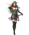  1girl armor belt boots breastplate closed_mouth cross-laced_footwear cuboon dress elbow_gloves female fire_emblem fire_emblem:_mystery_of_the_emblem fire_emblem_heroes full_body gloves green_eyes green_hair hand_up headband highres lace-up_boots long_hair looking_at_viewer official_art pantyhose paola short_dress shoulder_pads simple_background smile standing sword thigh-highs thigh_boots transparent_background weapon 