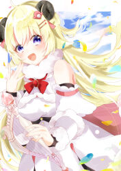  1girl absurdres ahoge animal_ears blonde_hair blue_sky blush border clouds dress fur-trimmed_dress fur_trim hair_ornament hairpin highres holding_harp hololive horns long_hair open_mouth ren_kizaka_0403 sheep_ears sheep_girl sheep_horns sky smile solo tsunomaki_watame tsunomaki_watame_(1st_costume) very_long_hair violet_eyes virtual_youtuber white_border white_dress 