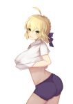  1girl absurdres ahoge alternate_costume ass ban_bu_bu_duou blonde_hair blue_eyes blue_ribbon blush braid collared_shirt eyebrows_visible_through_hair fate/stay_night fate_(series) french_braid from_side green_eyes groin hair_between_eyes hair_ribbon highres looking_at_viewer open_mouth ribbon saber shirt shirt_pull short_hair short_shorts short_sleeves shorts simple_background smile solo white_background white_shirt 