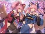  .com_(cu_105) 2girls animal_ears bell bell_collar black_legwear blue_background blue_legwear bow breasts cleavage collar detached_sleeves fate/extra fate/grand_order fate_(series) fox_ears fox_tail hair_bow hair_ribbon japanese_clothes large_breasts long_hair looking_at_viewer multiple_girls open_mouth paws pink_hair ribbon tail tamamo_(fate)_(all) tamamo_cat_(fate) tamamo_no_mae_(fate) thigh-highs tree yellow_eyes 