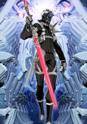  1boy arm_at_side black_hair black_mask black_pants black_shirt blue_background chest_harness covered_face fate/grand_order fate_(series) foot_out_of_frame gauntlets glowing glowing_sword glowing_weapon gram_(fate) hand_up harness holding holding_sword holding_weapon long_sleeves male_focus medium_hair miwa_shirow multicolored_hair official_art pants sheath shirt sigurd_(fate) sigurd_(first_ascension)_(fate) solo spiky_hair sword third-party_source turtleneck two-tone_hair variant_set weapon white_hair 