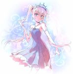  1girl blue_dress blue_eyes commentary dress earrings elbow_gloves eye_scar gloves iesupa jewelry necklace rwby sleeveless sleeveless_dress solo tiara twintails twintails_day weiss_schnee white_hair 