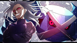  1boy absurdres black_sclera colored_sclera crossed_arms grey_hair grin highres male_focus metagross nascour_(pokemon) pink_eyes pokemon pokemon_(creature) pokemon_colosseum red_eyes red_sclera smile teeth upper_body zeroartwo 