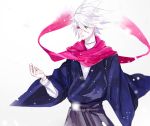  1boy 9tsumura fate/apocrypha fate/grand_order fate_(series) green_eyes japanese_clothes karna_(fate) male_focus pale_skin short_hair solo white_background white_hair 