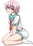  1girl between_legs blush breasts collarbone commentary_request full_body hand_between_legs kantai_collection looking_at_viewer midriff minarai_zouhyou neckerchief no_shoes pink_hair purple_hair red_eyes sailor_collar school_uniform serafuku short_hair short_sleeves shorts simple_background socks solo tama_(kantai_collection) white_background white_legwear 