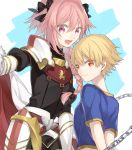  2boys blonde_hair child_gilgamesh citron_82 fate/apocrypha fate/grand_order fate/hollow_ataraxia fate_(series) gilgamesh long_hair looking_at_viewer male_focus multiple_boys open_mouth pink_hair red_eyes rider_of_black short_hair smile trap 