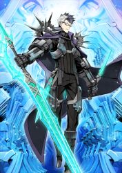  1boy arm_armor armored_boots asymmetrical_dual_wielding black-framed_eyewear black_hair black_mask black_pants black_shirt blue_background blue_eyes boots cape chest_harness closed_mouth dual_wielding fate/grand_order fate_(series) foot_out_of_frame gauntlets glasses glowing glowing_sword glowing_weapon gram_(fate) hands_up harness holding holding_sword holding_weapon long_sleeves looking_at_viewer male_focus medium_hair miwa_shirow multicolored_hair official_art pants purple_cape reverse_grip semi-rimless_eyewear sheath shirt short_sword sigurd_(fate) solo spiky_hair sword third-party_source turtleneck two-tone_hair under-rim_eyewear v-shaped_eyebrows variant_set weapon white_hair 