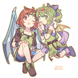  1boy 1girl artist_name blue_gemstone bow child dragon_boy dragon_girl dragon_wings fire_emblem fire_emblem:_mystery_of_the_emblem fire_emblem_heroes gem green_eyes haconeri hair_bow looking_at_viewer official_alternate_costume one_eye_closed open_mouth ponytail purple_bow red_eyes red_hair simple_background sitting tiara tiki_(fire_emblem) tiki_(young)_(dragon&#039;s_progeny)_(fire_emblem) tiki_(young)_(fire_emblem) twitter_username white_background wings xane_(fickle_dragon)_(fire_emblem) xane_(fire_emblem) 