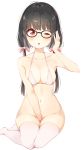  1girl :o ;o azuki_(krps-hano) between_legs bikini_top black-framed_eyewear black_hair blush bottomless breasts cleavage collarbone glasses groin hair_ribbon halterneck hand_between_legs head_tilt highres long_hair looking_at_viewer low_twintails medium_breasts navel no_panties one_eye_closed open_mouth original pink_ribbon red_eyes ribbon simple_background solo thigh-highs twintails white_background white_bikini_top white_legwear 