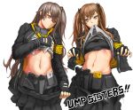  2girls armband brown_eyes brown_hair cellphone f_and_d fingerless_gloves girls_frontline gloves gun hair_ornament hairclip handgun holster hood hoodie jacket long_hair looking_at_viewer midriff mouth_hold multiple_girls navel phone pistol scar scar_across_eye shirt_in_mouth shirt_lift siblings side_ponytail sisters smartphone sports_bra twintails ump45_(girls_frontline) ump9_(girls_frontline) weapon 