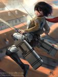  1girl 2017 artist_name black_boots black_eyes black_hair boots breasts brown_jacket building closed_mouth day deviantart_username dual_wielding full_body highres jacket knee_boots long_sleeves looking_at_viewer looking_to_the_side medium_breasts mikasa_ackerman mirco_cabbia nose outdoors patreon_username red_scarf scarf shingeki_no_kyojin short_hair solo sword thigh_strap three-dimensional_maneuver_gear weapon 