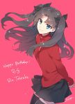  1girl black_hair blue_eyes fate/stay_night fate_(series) long_hair redrop simple_background skirt solo thigh-highs tohsaka_rin 