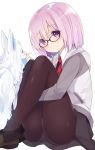 1girl bangs black-framed_eyewear black_legwear blush closed_mouth commentary_request eye_contact eyebrows_visible_through_hair fate/grand_order fate_(series) fou_(fate/grand_order) glasses hair_between_eyes lavender_hair legs_together looking_at_another panties panties_under_pantyhose pantyhose purple_hair shielder_(fate/grand_order) shoes short_hair simple_background smile solo thighs underwear violet_eyes watanohara white_background white_panties 