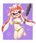  1girl ;( animal_print bandaid bare_arms bare_legs bare_shoulders barefoot bikini blue_eyes breasts club crying domino_mask full_body holding holding_weapon horns inkling kanabou leopard_print mask oni pointy_ears redhead rupe_png setsubun sharp_teeth simple_background small_breasts solo spiked_club splatoon squid striped striped_bikini swimsuit tears teeth tentacle_hair tiger_print weapon 