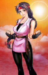  1girl braid breasts brown_eyes brown_hair closed_mouth clouds dougi fingerless_gloves gloves headband highres lips long_hair looking_at_viewer red_headband ryuuko_no_ken single_braid smile solo spandex sun the_king_of_fighters yuri_sakazaki 