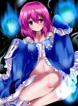  1girl bare_shoulders blue_dress breasts commentary_request dress highres hitodama japanese_clothes kimono long_sleeves looking_at_viewer navel no_hat no_headwear pink_eyes pink_hair saigyouji_yuyuko short_hair sketch sleeves_past_wrists smile solo tonchinkan touhou 