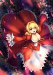  1girl :d ahoge blonde_hair breasts dress epaulettes eyebrows_visible_through_hair fate/extra fate_(series) from_above full_body green_eyes hair_ribbon large_breasts long_sleeves open_mouth outstretched_arms red_dress red_ribbon ribbon saber_extra smile solo sparkle spread_arms xiaosan_ye 