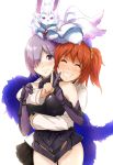  2girls ^_^ animal animal_on_head armor armored_dress black_leotard blush closed_eyes closed_mouth cowboy_shot elbow_gloves fate/grand_order fate_(series) fou_(fate/grand_order) fujimaru_ritsuka_(female) gloves grin hair_ornament hair_over_one_eye hair_scrunchie highres hug hug_from_behind multiple_girls nose_blush on_head orange_hair parted_lips purple_gloves purple_hair scrunchie shielder_(fate/grand_order) short_hair side_ponytail simple_background smile teeth tokiwa_mmm v violet_eyes white_background 