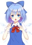  1girl bangs blue_bow blue_dress blue_eyes blue_hair bow cirno dress flan_(seeyouflan) hair_bow highres ice ice_wings looking_at_viewer open_mouth puffy_short_sleeves puffy_sleeves shiny shiny_hair short_hair short_sleeves simple_background solo touhou upper_body white_background wings 