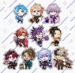  6+boys absurdres altventurer_(regis_altare) animal axe axel_syrios axel_syrios_(1st_costume) axelotl_(axel_syrios) axolotl banzoin_hakka banzoin_hakka_(1st_costume) bird black_hair blonde_hair blue_eyes blue_hair braid brown_hair bubby_(goldbullet) chain chibi chibi_only clothed_animal conical_hat cooking_pot creature crimzon_ruze crown dark-skinned_male dark_skin dinosaur_tail drone everyone fangs fish four-pointed_star gavis_bettel gavis_bettel_(1st_costume) goldbullet goose green_eyes grey_hair grid_background grin hakkito_(banzoin_hakka) hat heterochromia highres holding holding_animal holding_cooking_pot holding_creature holding_weapon holoarmis holostars holostars_english holotempus josuiji_shinri jurard_t_rexford koi koipanion_(josuiji_shinri) kyoukouo long_hair machina_x_flayon machina_x_flayon_(1st_costume) male_focus multicolored_hair multiple_boys musical_note octavio one_eye_closed outer_glow outline phantom_(gavis_bettel) pink_eyes pink_hair pointy_ears ponytail poppet_(octavio) puppet_strings purple_hair red_eyes red_hair regis_altare ruzader_(crimzon_ruze) sharp_teeth shield short_hair side_braid single_braid single_hair_streak slime_(creature) smile sorawrity_(jurard_t_rexford) sparkle sparkle_background streaked_hair tail teeth tongue tongue_out top_hat tri_braids two-tone_hair violet_eyes virtual_youtuber weapon white_hair white_outline yellow_eyes 