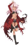  1girl archer archer_(cosplay) arm_up armpits black_boots black_bra black_panties boots bra cape chloe_von_einzbern cosplay dark_skin detached_sleeves fate/kaleid_liner_prisma_illya fate_(series) flat_chest full_body grin hair_between_eyes long_hair midriff navel navle one_eye_closed one_leg_raised panties pink_hair smile solo strapless strapless_bra tattoo torn_cape transparent_background underwear v yellow_eyes 