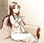  1girl blue_eyes couch cup fate/stay_night fate_(series) greyscale holding looking_at_viewer monochrome sitting smile solo teacup tohsaka_rin toosaka_rin yukako_(toyoyuki) 